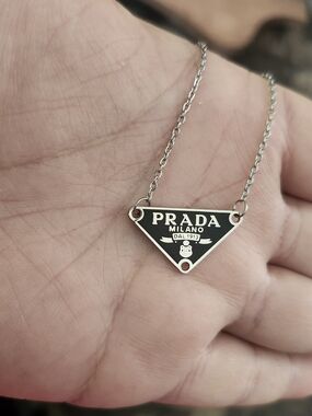 Small Upcycled Triangle Logo Necklace in Black and Silver